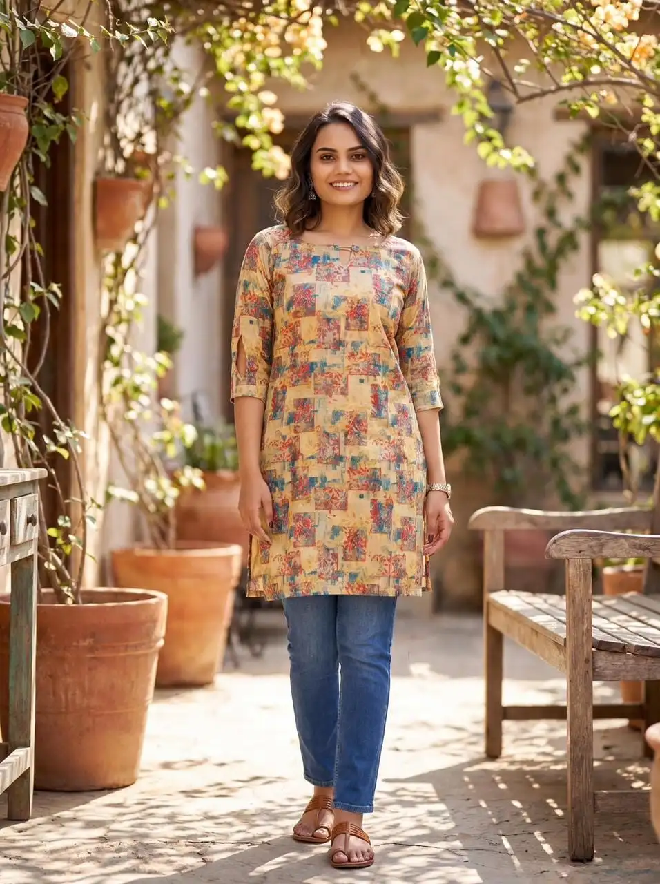 Beige Botanical Short Tops